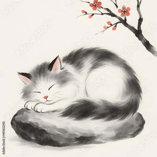 Sleeping Fluffy Cat in Traditional Chinese Ink Painting Style on Rice Paper Background