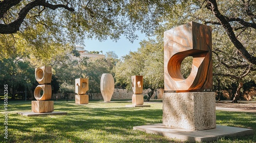 Sculpture garden with geometric art pieces nestled in a verdant setting