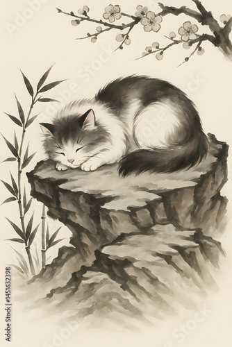 Sleeping Fluffy Cat in Traditional Chinese Ink Painting Style on Rice Paper Background