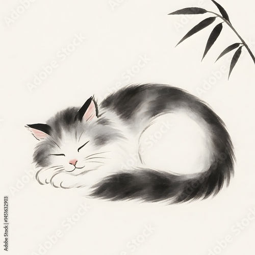 Sleeping Fluffy Cat in Traditional Chinese Ink Painting Style on Rice Paper Background