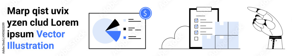 Chart with pie graph and dollar sign, clipboard checklist, and robotic hand pointing. Ideal for technology, business, analytics, automation, finance, task management simple landing page Chart with pie graph and dollar sign, clipboard checklist, and robotic hand pointing. Ideal for technology, business, analytics, automation, finance, task management simple landing page