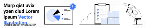 Chart with pie graph and dollar sign, clipboard checklist, and robotic hand pointing. Ideal for technology, business, analytics, automation, finance, task management simple landing page