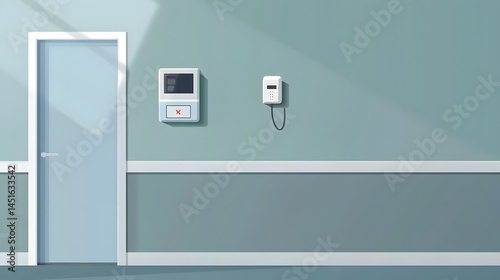 Vector flat of check-in device mounted on HR health zone wall, clear signage included
