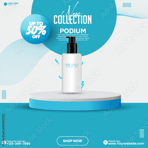 3D render social media promotion product sale empty abstract mockup design vector in isolated background. Blue color social media product advertisement podium background design. Blue product podium. 