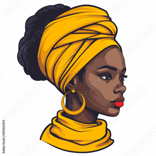 Beautiful African woman with turban on head. Vector illustration.