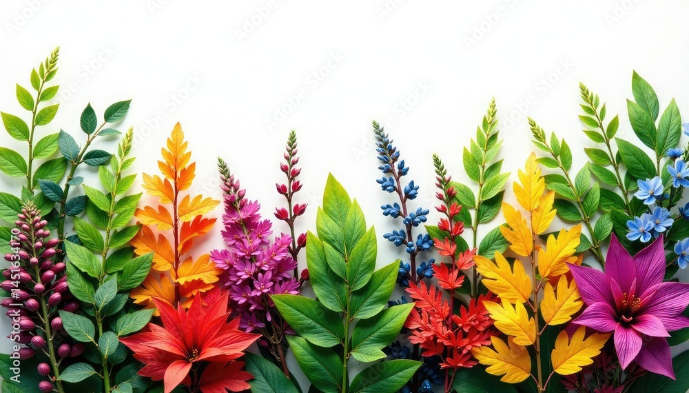 Obraz premium Colorful foliage arrangement isolated on white background, plants, color, arrangements