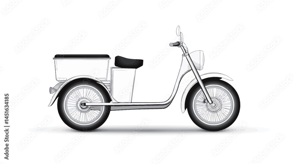 Digital illustration depicts the side profile of a white electric cargo scooter. The scooter has a minimalist design with clean lines and a small cargo box at the rear. Digital illustration depicts the side profile of a white electric cargo scooter. The scooter has a minimalist design with clean lines and a small cargo box at the rear.
