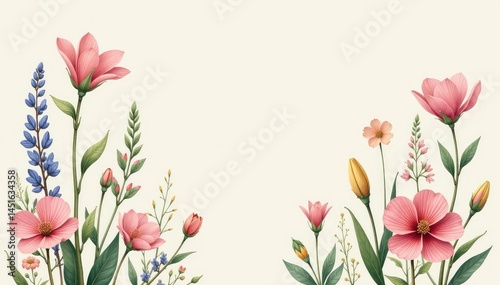 Delicate botanical illustration, soft pastel hues, flora pattern, summer, muted