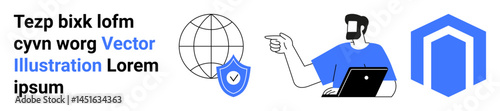 Man with laptop pointing to shield and globe, symbolizing security, global connectivity, and trust. Ideal for technology, digital security, communication, collaboration, internet education flat