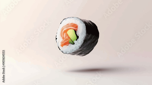 Studio close-up of a salmon and avocado sushi roll against a clean beige background. The sushi roll appears to be suspended above the water, casting a subtle shadow.