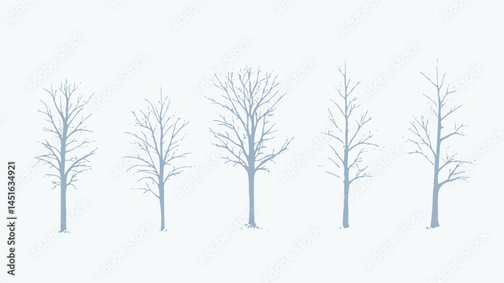Fototapeta premium A digital illustration of five stylized leafless deciduous trees in light blue and white against a white background. The trees are depicted in a minimalist style.