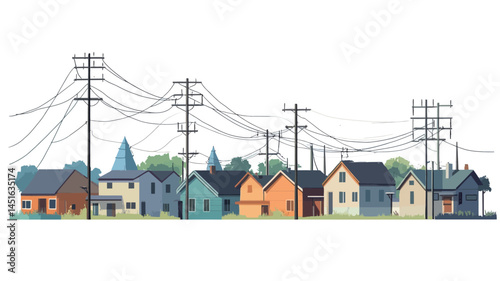 The vector depicts a row of colorful, stylized houses nestled beneath a network of power lines. The houses are depicted in a simplified flat design with soft pastel colors.