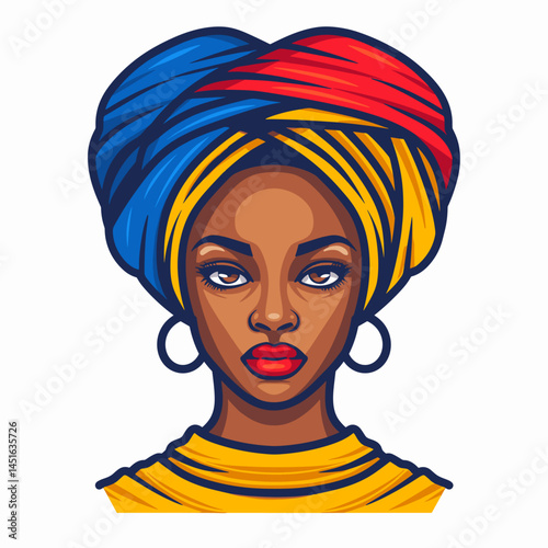 Beautiful African woman with turban on head. Vector illustration.