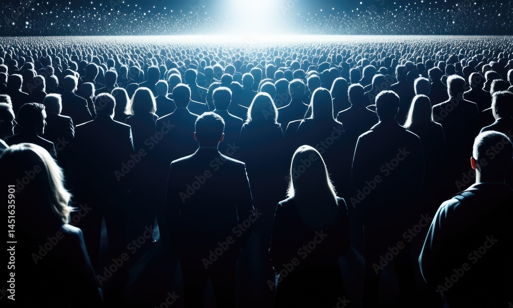 Obraz premium Silhouettes of a large audience gathered under bright lights at a spectacular event