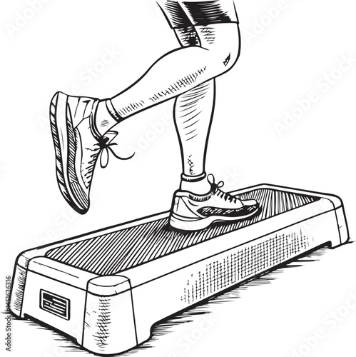 Aerobics step for Exercise, Training and Workout, Fitness and Sports, Black and White Vector Illustration, Sketch Drawing Line Linear Symbol Icon Engraving, Hand-drawn Isolated