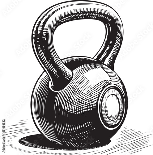 Kettlebell for Exercise, Training and Workout, Fitness and Sports, Black and White Vector Illustration, Sketch Drawing Line Linear Symbol Icon Engraving, Hand-drawn Isolated