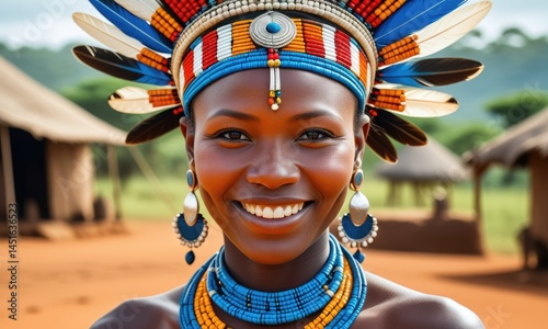 Cheerful woman wearing traditional african headdress and jewelry outdoors