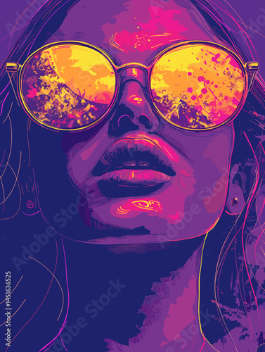 Woman with purple hair and purple glasses is the main subject of the image