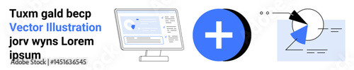 Computer screen displaying data, blue circular plus icon, abstract black and blue analytical chart. Ideal for business, technology, healthcare, education, communication, startups simple landing page