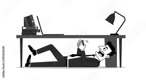 Tired Office Worker's Legs Under Desk with Laptop and Files