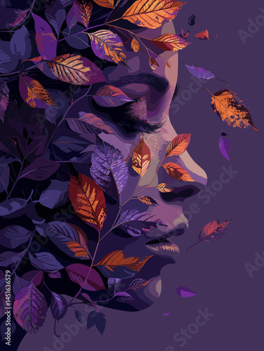 Woman's face is made of leaves and flowers