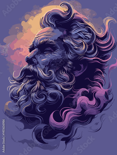 Man with a beard and long hair is depicted in a purple and blue color scheme