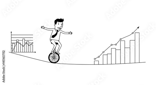Businessman Balancing on Unicycle with Fluctuating Chart