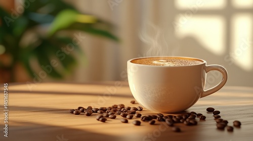 Warm Coffee Cup with Steaming Hot Beverage on Wooden Surface, Coffee Beans Spilled Around, Bright Natural Light in Cozy Kitchen or Cafe Setting