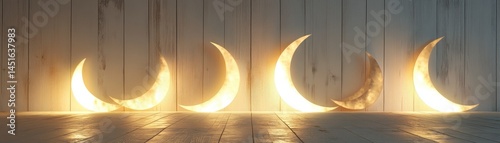 Illuminated Moon Phase Cycle Against Rustic White Wooden Wall Texture Showing Waxing Gibbous and Crescent Stages in Dramatic Lighting