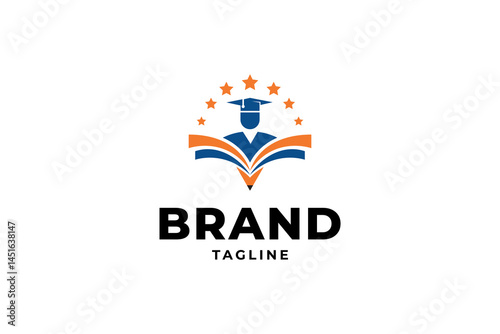Education and Graduation University, library, school, academy logo with open book, graduation hat and pencil icons in flat style.