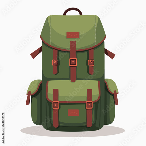 green backpack with brown straps and red logo  travel bag illustration