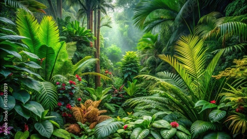 Wallpaper Mural Dense foliage of tropical jungle with giant ferns and exotic flowers in the undergrowth, lush greenery Torontodigital.ca