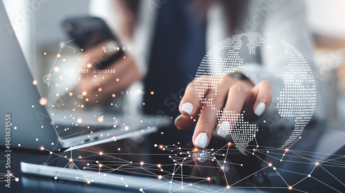 Internet network connection, digital technology, big data, digital marketing IoT internet of things. Woman using mobile phone and digital tablet surfing internet, innovative technology background