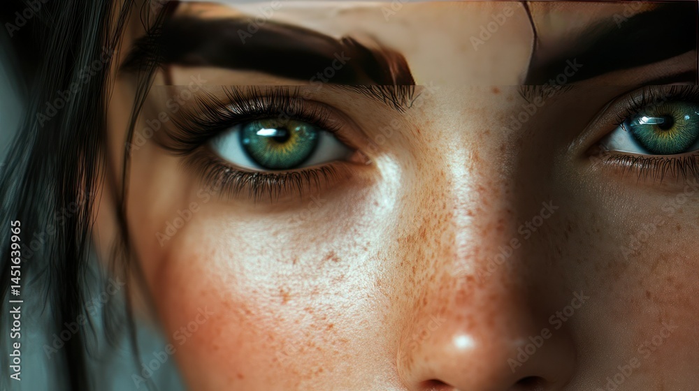 Close-up of a Woman's Face with Bright Green Eyes Eyebrows and Freckles showcasing Detailed Skin and Natural Beauty with Focus on Eyelashes and Eye Expression Close-up of a Woman's Face with Bright Green Eyes Eyebrows and Freckles showcasing Detailed Skin and Natural Beauty with Focus on Eyelashes and Eye Expression