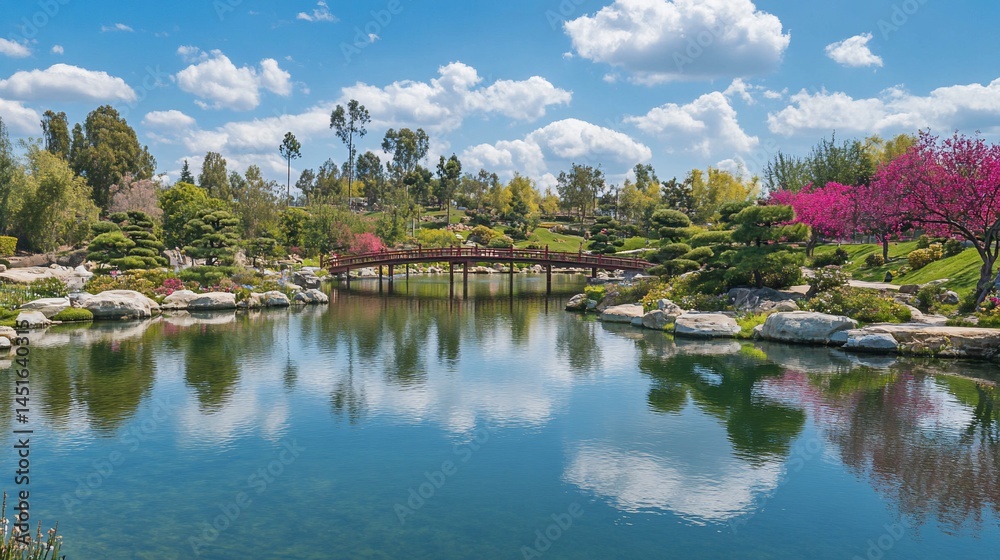 Fototapeta premium Peaceful Japanese garden with a serene pond and bridge
