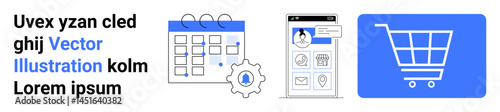 Digital calendar with gear, mobile app interface, and shopping cart highlight task management, app design, and e-commerce. Ideal for business, productivity, tech, retail shopping marketing simple