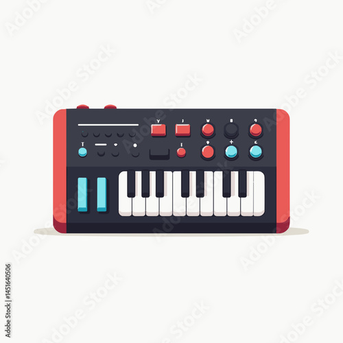 vibrant red and black music keyboard with blue keys
