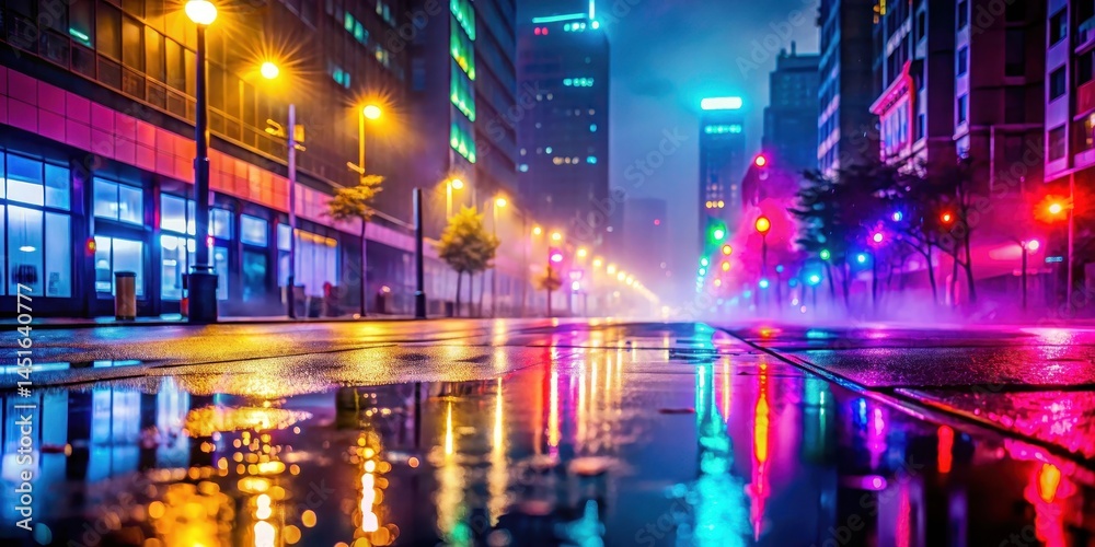 A misty urban street at dusk, illuminated by colorful neon lights and reflections on wet pavement, as the atmosphere is filled with soft, diffused fog , foggy street, reflections A misty urban street at dusk, illuminated by colorful neon lights and reflections on wet pavement, as the atmosphere is filled with soft, diffused fog , foggy street, reflections