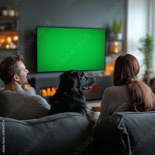 A man, woman and dog are sitting on a couch in front of a green screen television. The man is smiling and the woman is looking at the dog. Scene is happy and relaxed