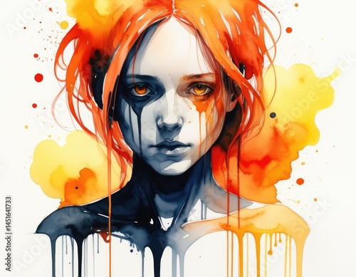Vibrant watercolor portrait of a woman with red hair and intense expression