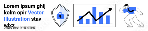 Lock symbol on shield, upward graph arrow with bars, dynamic person in motion. Ideal for business, security, analytics, success, strategy teamwork development. Flat landing page banner