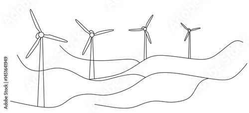 continuous single line drawing of wind farm renewable energy wind turbines line art vector illustration
