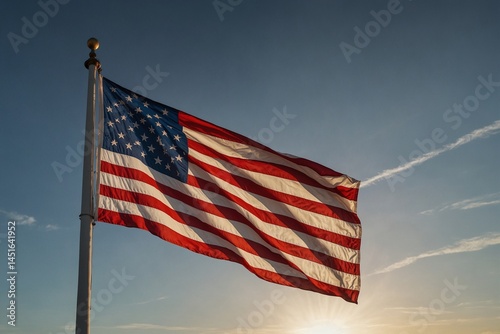 Waving American flag against a clear sky.