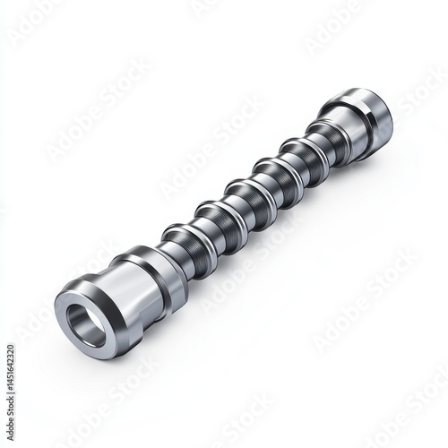 Silver Metallic Cylindrical Object with Concentric Rings on White Background