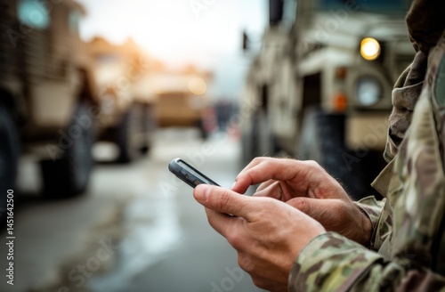 Soldier Uses Smartphone, Military Vehicles Background,  Digital Communication on Duty, Modern Warfare Technology,  Global Connectivity Impacts
