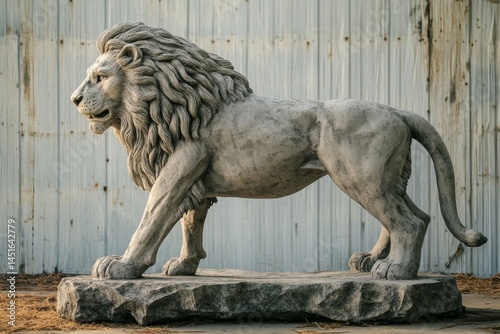 Large stone lion sculpture positioned on a rock base.
