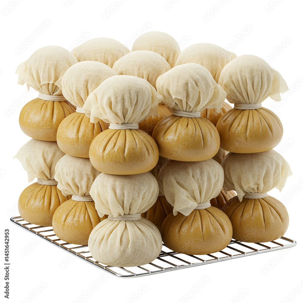 Fototapeta premium Stacked Kurt Balls Tied in Cheesecloth on a Drying Rack