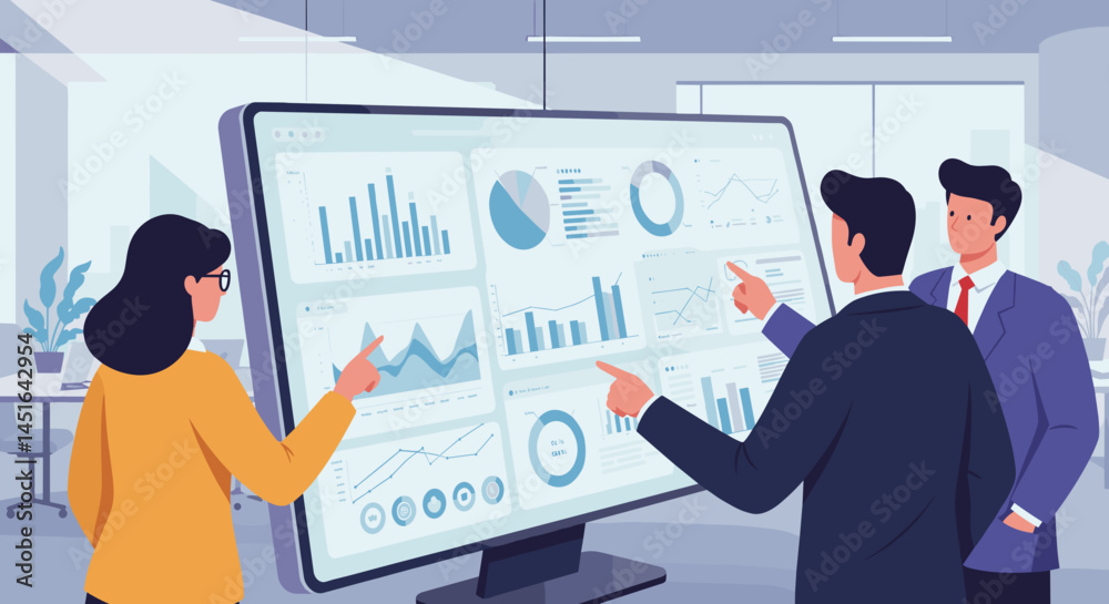 Business team analyzing data on a large screen in an office Business team analyzing data on a large screen in an office