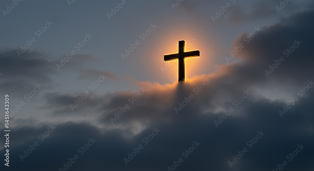 Illuminated Cross Silhouette Against Dark Clouds Symbolizing Hope and Faith Illuminated Cross Silhouette Against Dark Clouds Symbolizing Hope and Faith