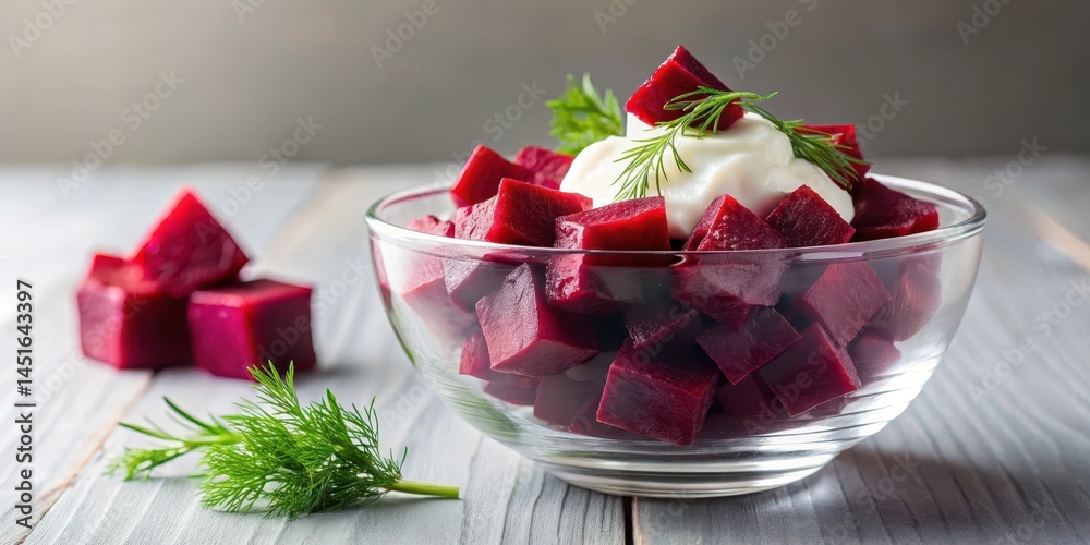 Vibrant red beetroot chunks suspended in a clear glass bowl filled with yellow sour cream and garnished with fresh dill Vibrant red beetroot chunks suspended in a clear glass bowl filled with yellow sour cream and garnished with fresh dill